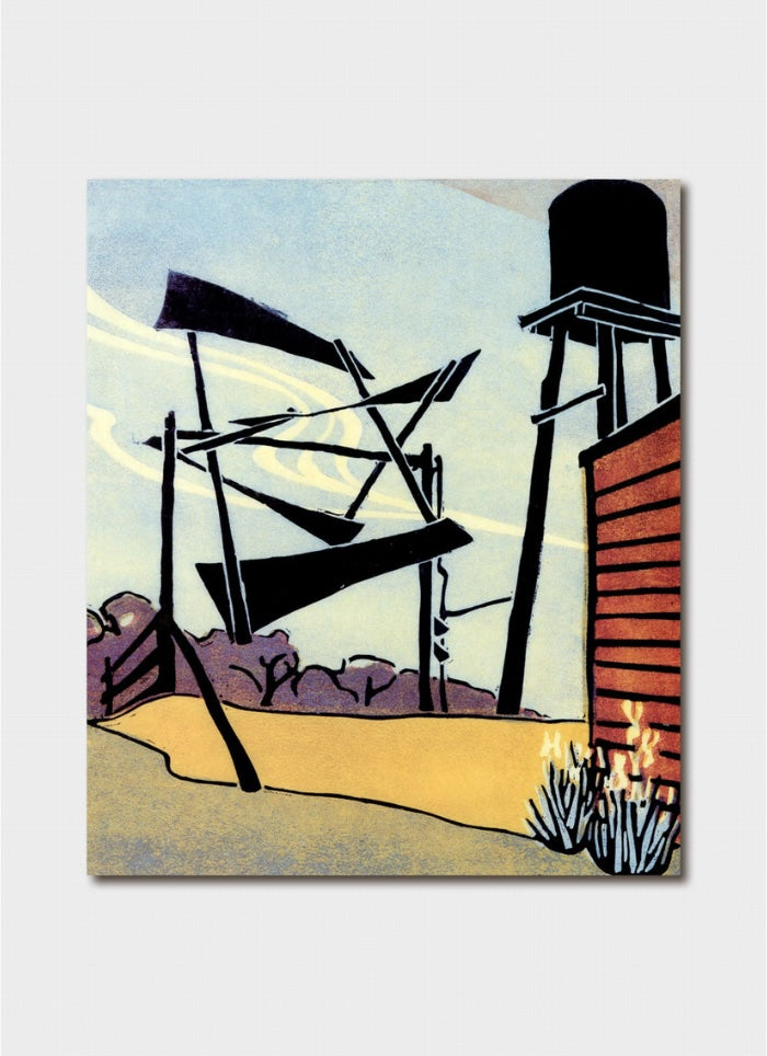 Artistic depiction of a water tower and windmill against a sunset sky.