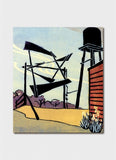 Artistic depiction of a water tower and windmill against a sunset sky.