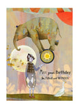 Illustration of a person with an elephant and text 'May your Birthday be filled with WONDER' on a colorful background