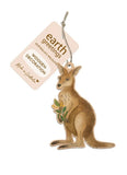 Wooden kangaroo decoration with 'earth greetings' tag on a white background