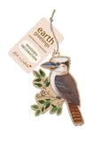 Wooden kookaburra decoration with 'earth greetings' tag on a white background