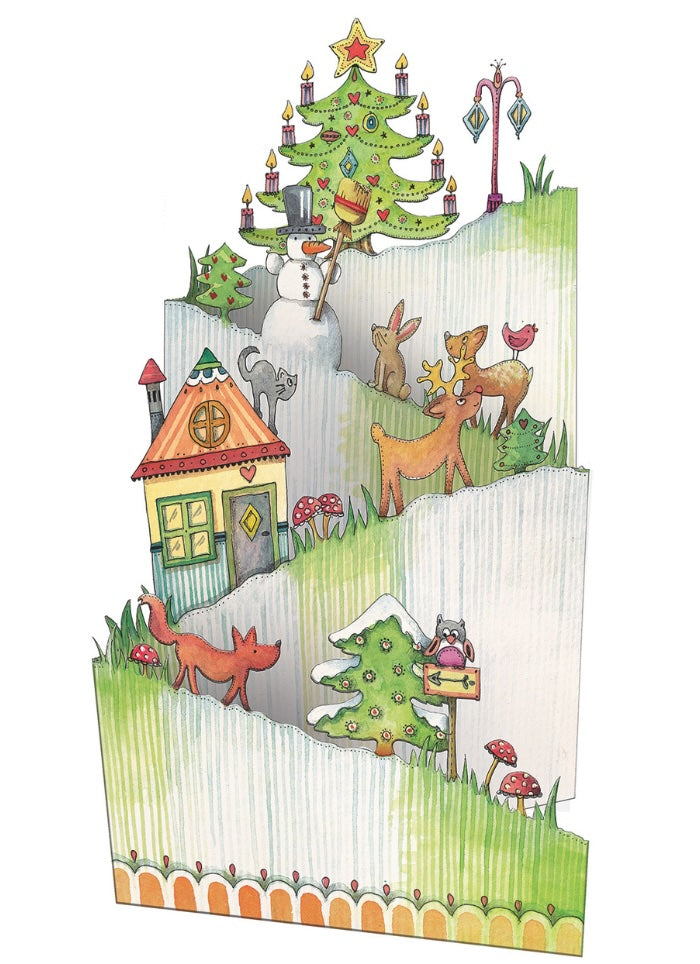 Illustration of a festive scene with a Christmas tree, snowman, and animals on a white background