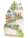 Illustration of a festive scene with a Christmas tree, snowman, and animals on a white background