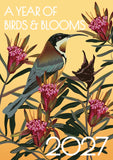 A square illustrated cover design featuring a bird perched among pink flowers on a warm yellow background, with the text 'A YEAR OF BIRDS & BLOOMS' at the top and '2027' at the bottom.