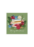 A festive Christmas illustration featuring a stack of books surrounded by red and pink flowers, green leaves, two blue birds, and pinecones on a muted green background, with the text 'Merry Christmas' at the bottom.