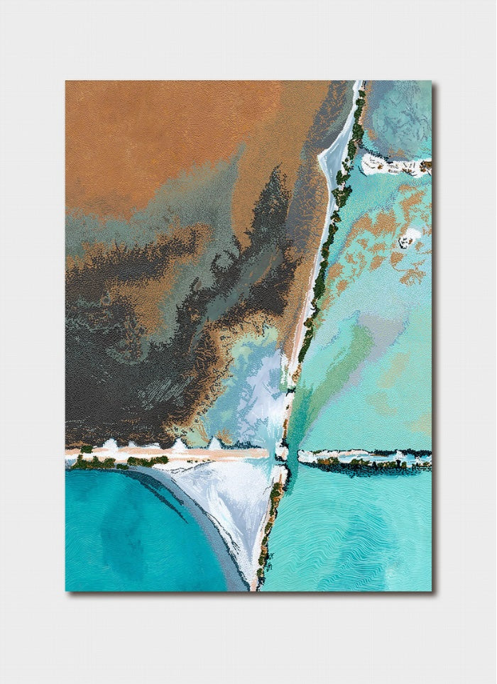 Abstract art print with a split composition of brown and blue tones on a white background