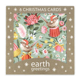 A boxed set of 8 Christmas greeting cards from earth greetings, featuring a festive illustration of small birds in Santa hats among pink flowers, green leaves, and gift boxes on a kraft paper package.