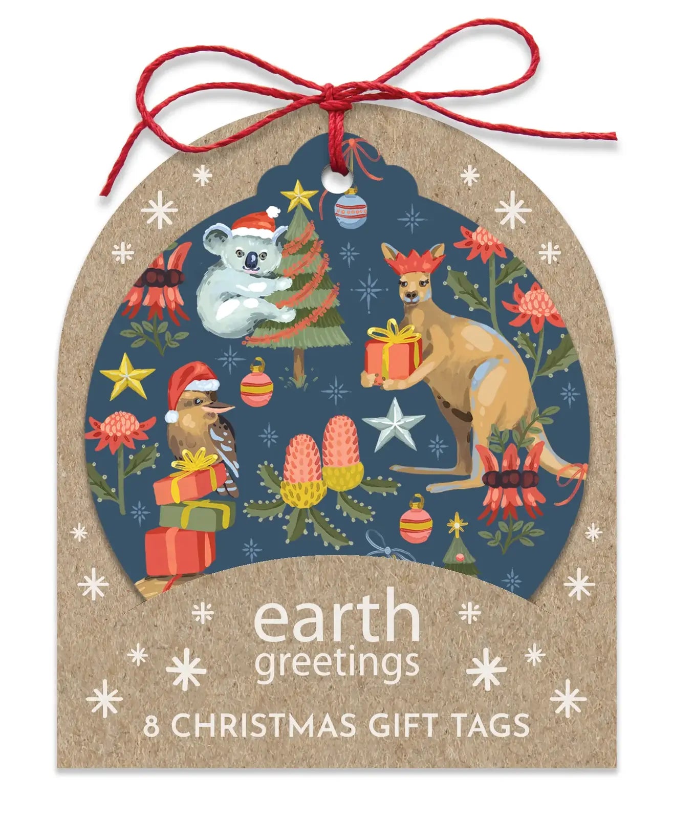A Christmas-themed gift tag set with a kraft paper design, featuring an illustrated scene of a koala, kangaroo, and possum with gifts on a dark blue background, with the text 'earth greetings 8 CHRISTMAS GIFT TAGS' and a red string bow at the top.