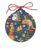 A round Christmas ornament featuring illustrated Australian wildlife, including a koala, kangaroo, wallaroo, and emu, decorated with festive ornaments, trees, and gifts on a dark blue background. The ornament has a red hanging string tied in a bow at the top and is shown on a plain white background.