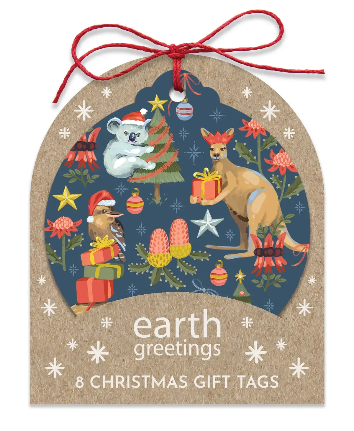 A Christmas-themed gift tag set with a kraft paper design, featuring an illustrated scene of a koala, kangaroo, and possum with gifts on a dark blue background, with the text 'earth greetings 8 CHRISTMAS GIFT TAGS' and a red string bow at the top.