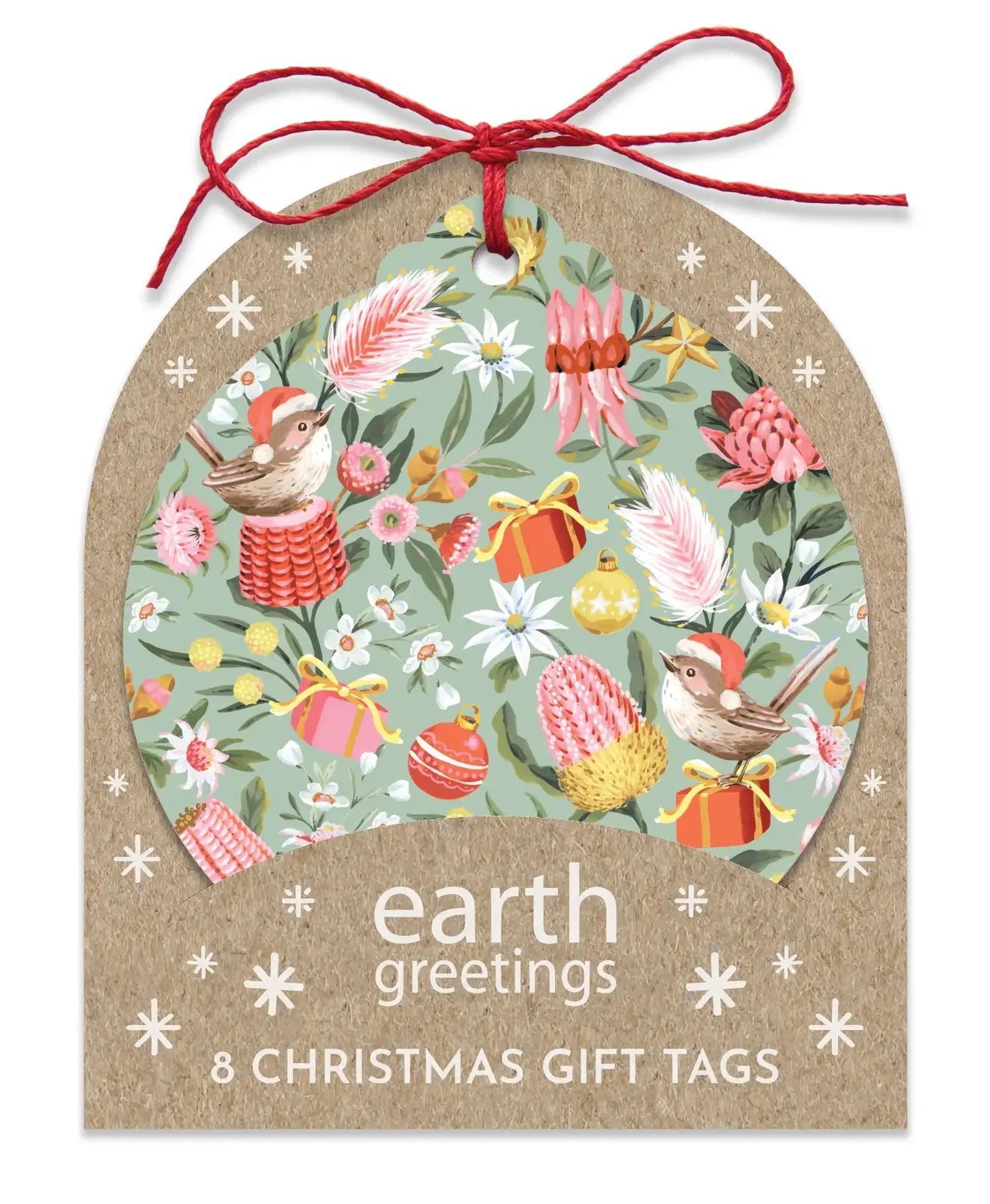 A kraft paper gift tag with a red hanging string and a large arched window showing a colorful Christmas illustration. The tag reads 'earth greetings 8 CHRISTMAS GIFT TAGS' and is shown on a white background.
