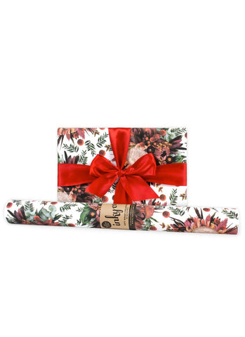 Roll of floral-patterned paper with a red ribbon on a white background