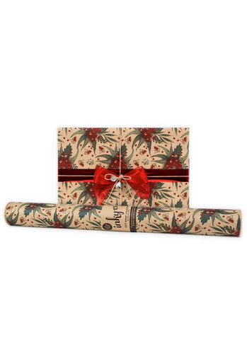 Roll of decorative paper with a red ribbon on a white background
