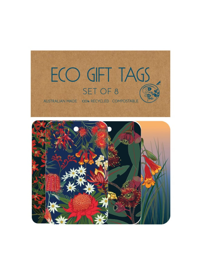 Set of eight eco gift tags with floral designs on a cardboard packaging.
