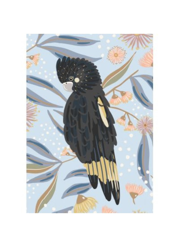 Black cockatoo on a floral background