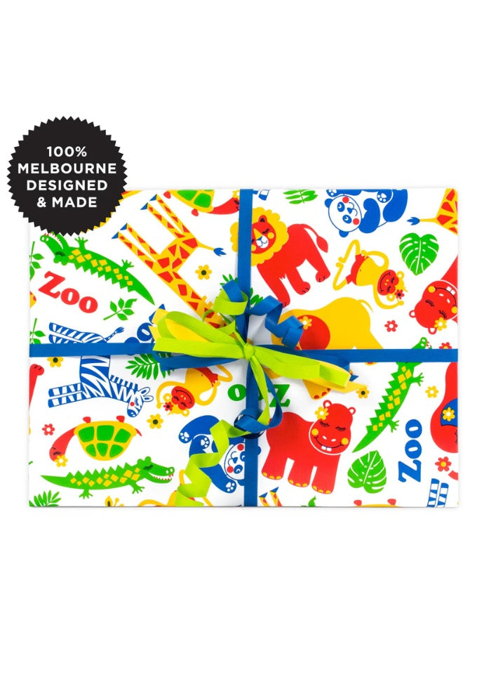 Gift box with colorful zoo-themed design on a white background
