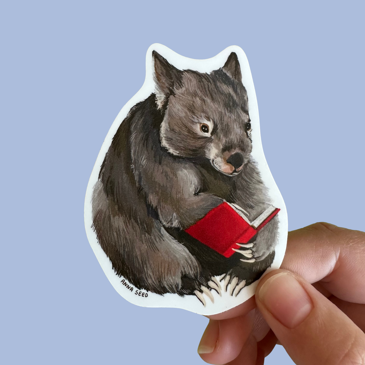 Sticker of a wombat reading a book held by a hand against a light blue background