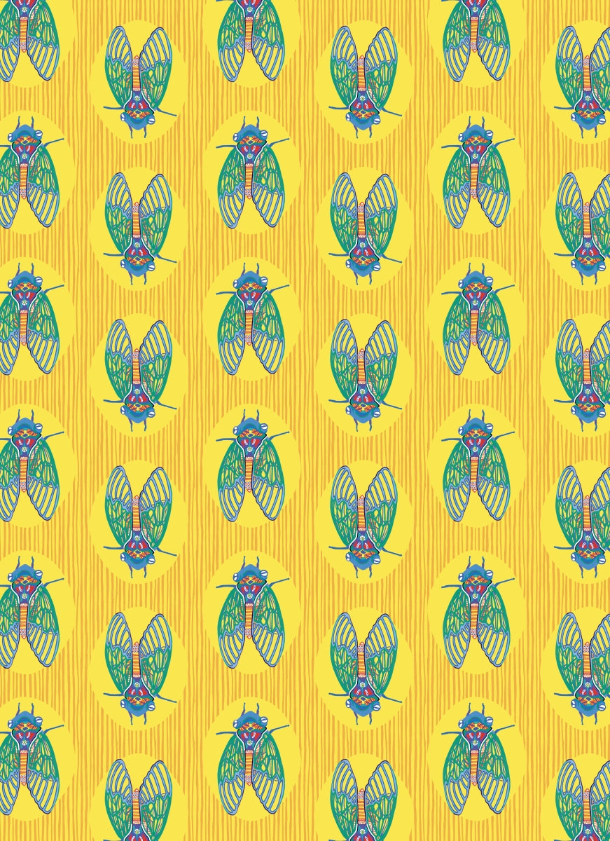 Pattern of colorful moths on a yellow background
