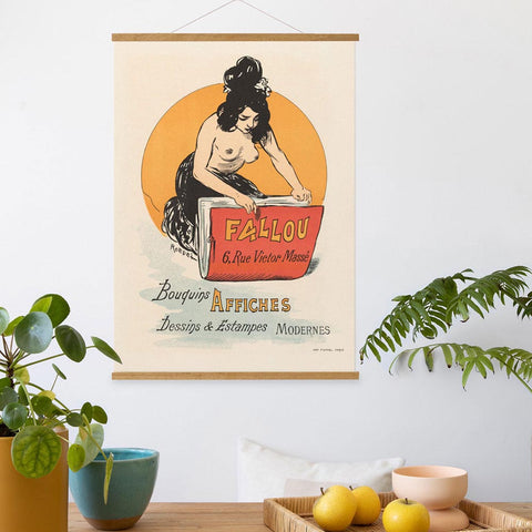 Vintage-style poster of a woman with text on a wall above a table with fruits and a plant.
