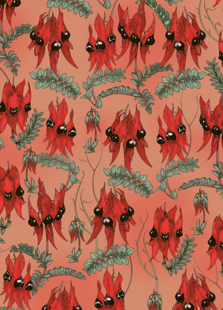 Pattern of red flowers with black centers on a coral background