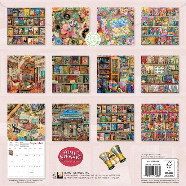 Calendar with colorful bookshelf illustrations and Aimee Stewart branding.