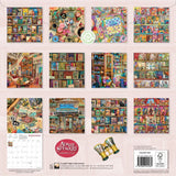 Calendar with colorful bookshelf illustrations and Aimee Stewart branding.
