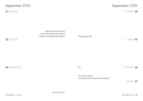 Calendar page for September 2026 with holidays and events listed.