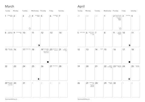 Calendar for March and April with days of the week labeled.
