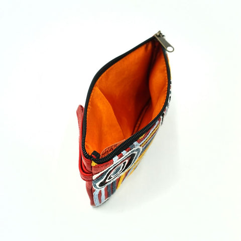 Open red pouch with orange interior on a white background