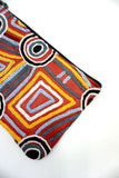 Colorful geometric patterned pouch on a white background