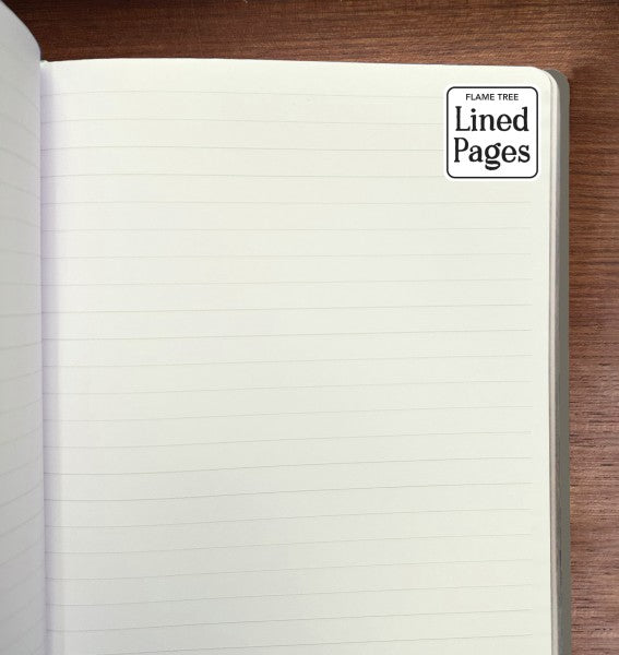 Open notebook with lined pages on a wooden surface, featuring 'Flame Tree Lined Pages' branding.