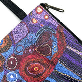 Colorful pouch with abstract design featuring purple, blue, and red colors.