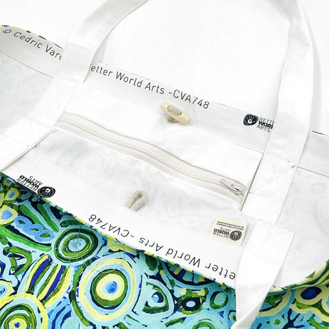 Interior of canvas tote bag from Better World Arts and based on artwork by Cedric Varcoe.