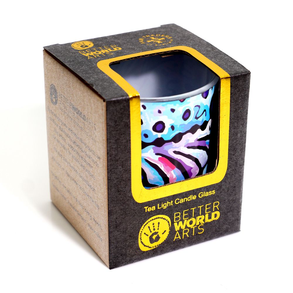 Tea light candle glass in packaging with 'Better World Arts' branding