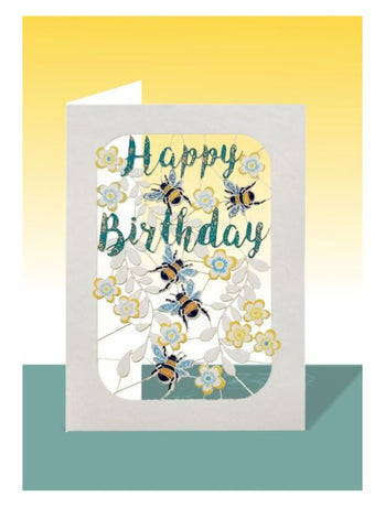 Ge Feng laser cut card with bees and flowers and Happy Birthday on the front.