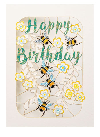 Ge Feng laser cut card with bees and flowers and Happy Birthday on the front.