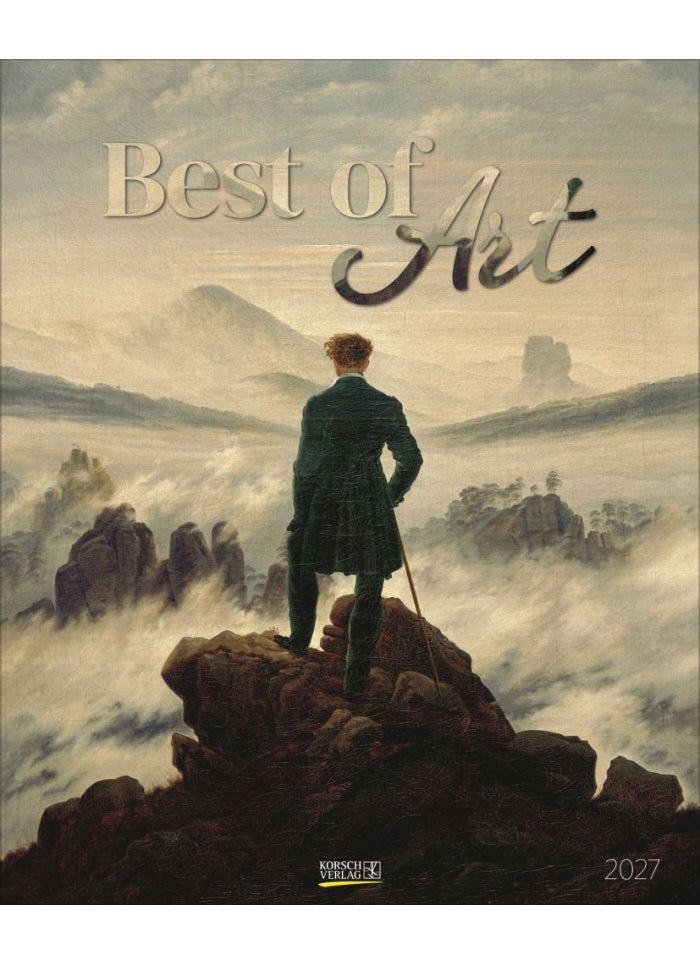Calendar cover with a man on a mountain peak and 'Best of Art' text
