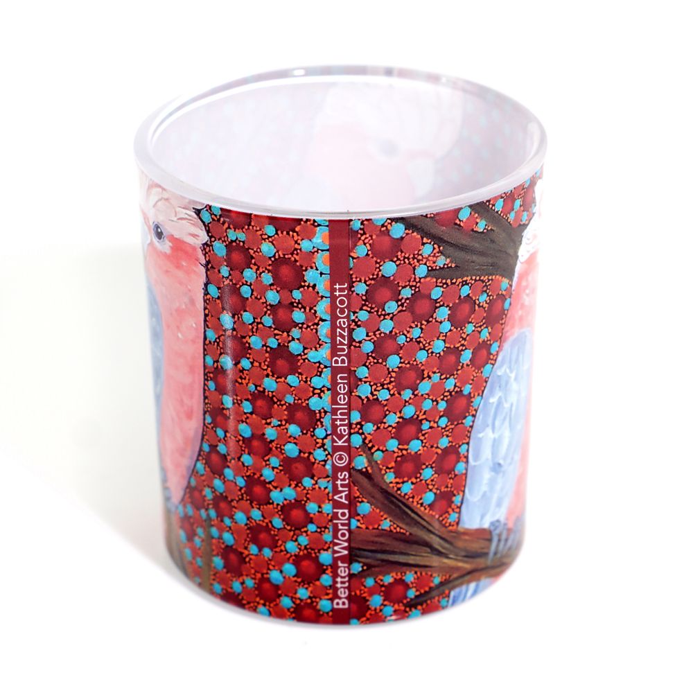 Colorful mug with artistic design on a white background