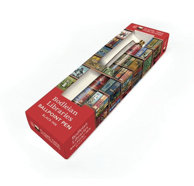 Bodleian Libraries ballpoint pen packaging with red box and images of books on a white background