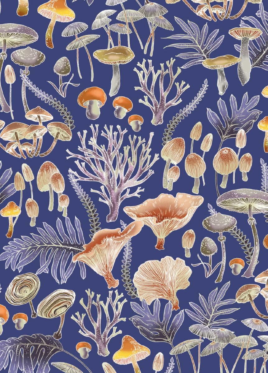 A repeating botanical pattern featuring illustrated mushrooms, chanterelle-like mushrooms, coral-like fungi, and muted leaves on a deep blue background.
