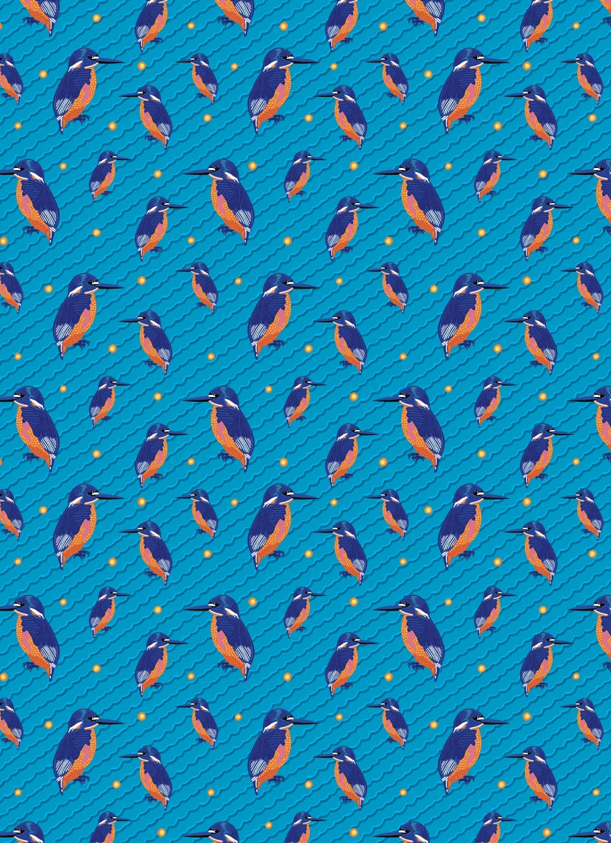 Pattern of blue and orange birds on a blue background