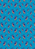 Pattern of blue and orange birds on a blue background