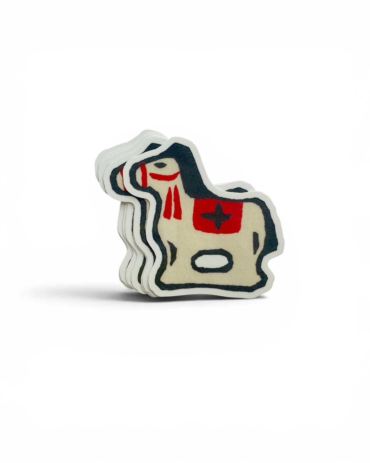 Decorative horse figure with red and black details on a white background