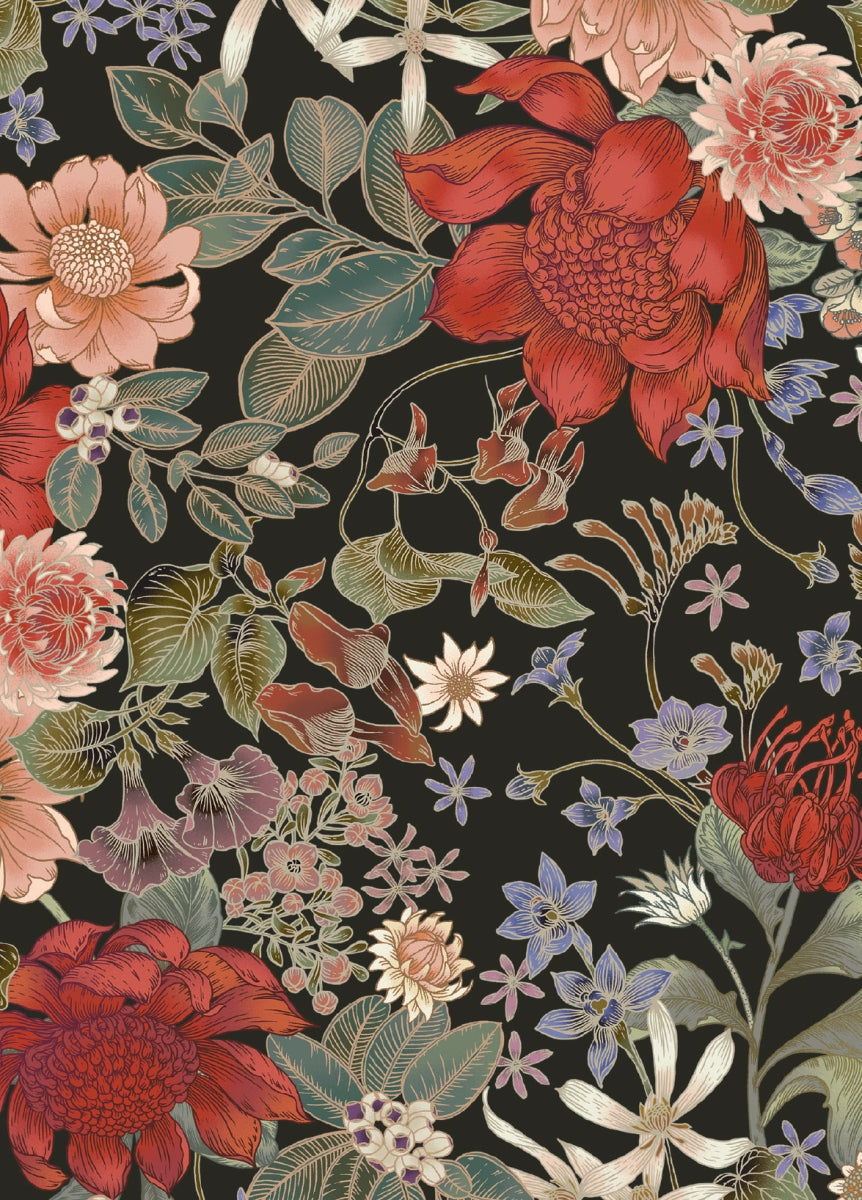 A dense botanical floral pattern featuring large red and pink flowers, green and beige leaves, and small lavender blossoms on a very dark charcoal background.