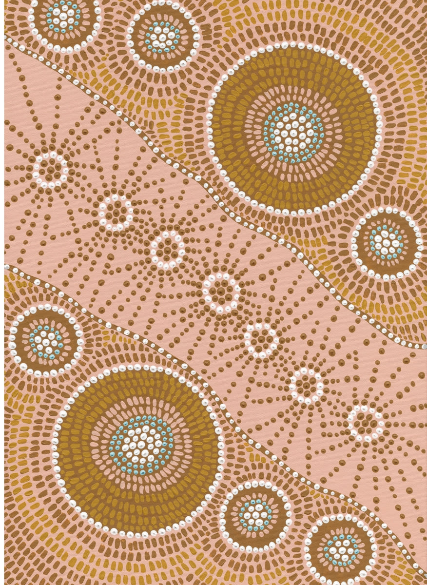 Patterned fabric with circular designs in brown and beige on a pink background