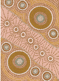 Patterned fabric with circular designs in brown and beige on a pink background
