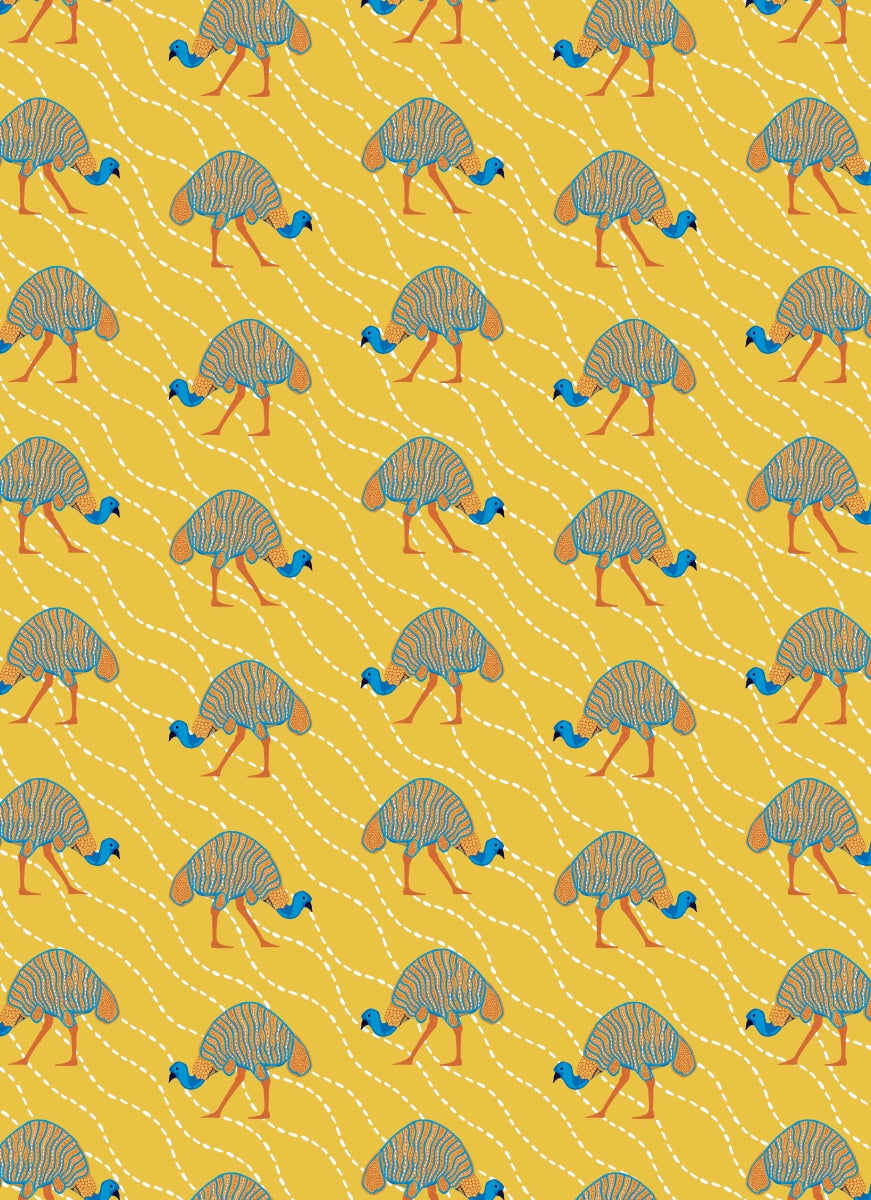 Pattern of stylized emus on a yellow background