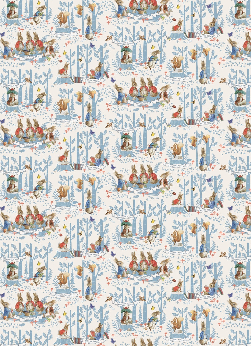 Patterned paper with illustrations of people and animals in a snowy landscape.