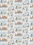 Patterned paper with illustrations of people and animals in a snowy landscape.