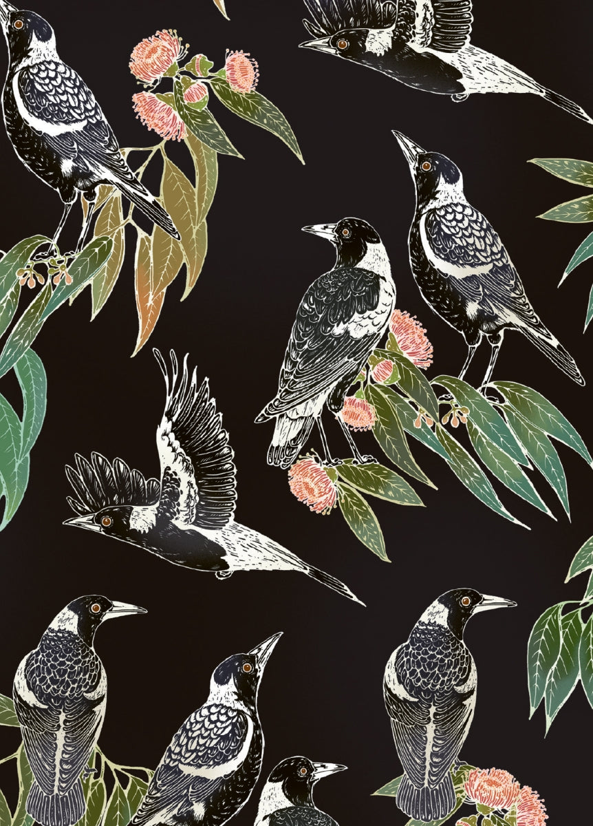 Black and white magpies on blossom trees on a black background